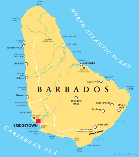map of Barbados highlighting major locations including Bridgetown with geographic features and key landmarks associated with the island's culture and history showing 13 points of interest