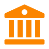 orange building icon with five columns and a pediment representing architecture and structure