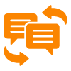 orange speech bubbles with arrows indicating communication and dialogue exchange for two participants